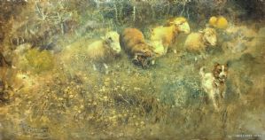 Pellicciotti Tito L'Aquila 1871 1950 Paesaggio con pecore montoni al pascolo folta vegetazione a cane olio su tavola cm.30x18,5